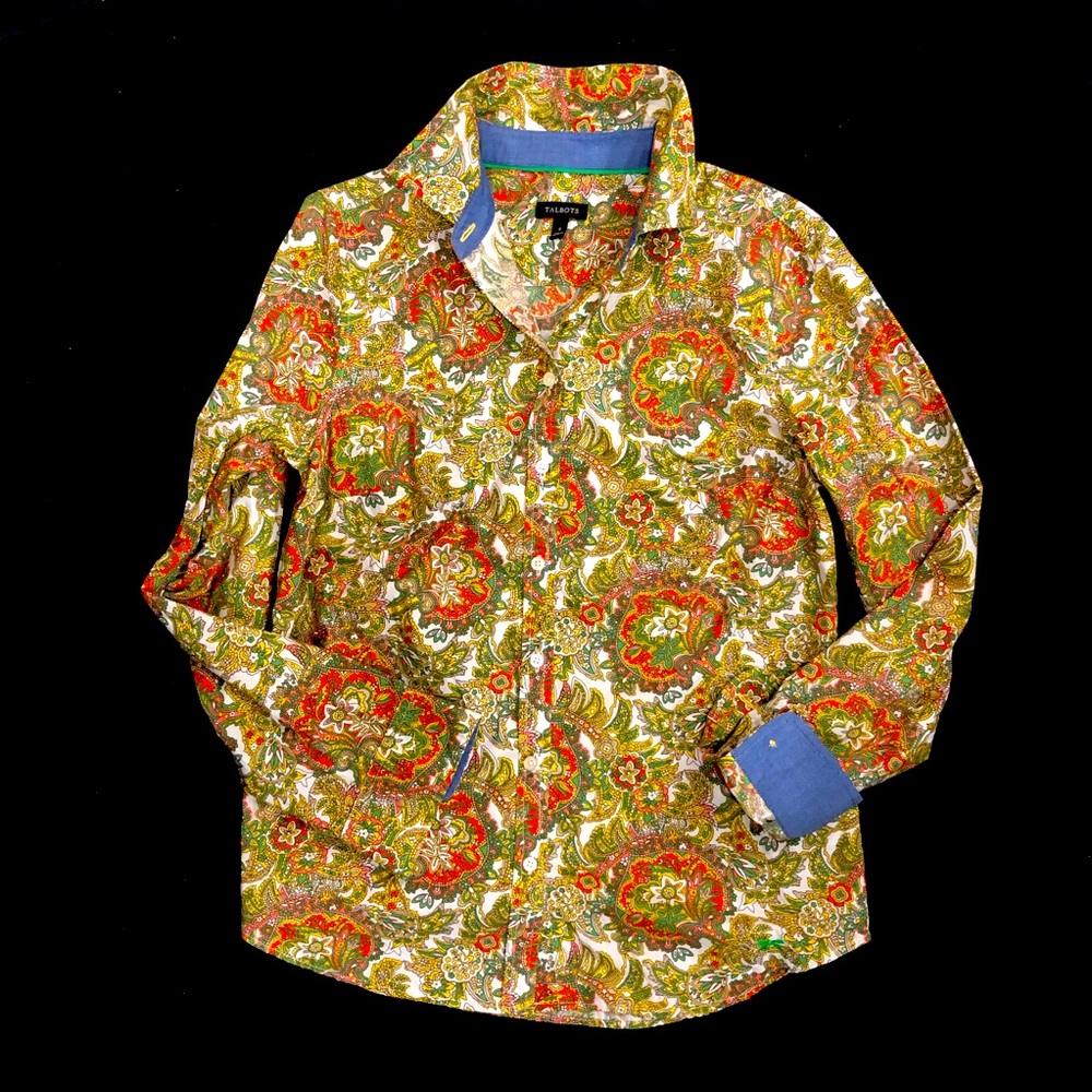Talbots 4 FABULOUS Floral Blouse in Green, Orange w/ Blue Chambray‎ Trims